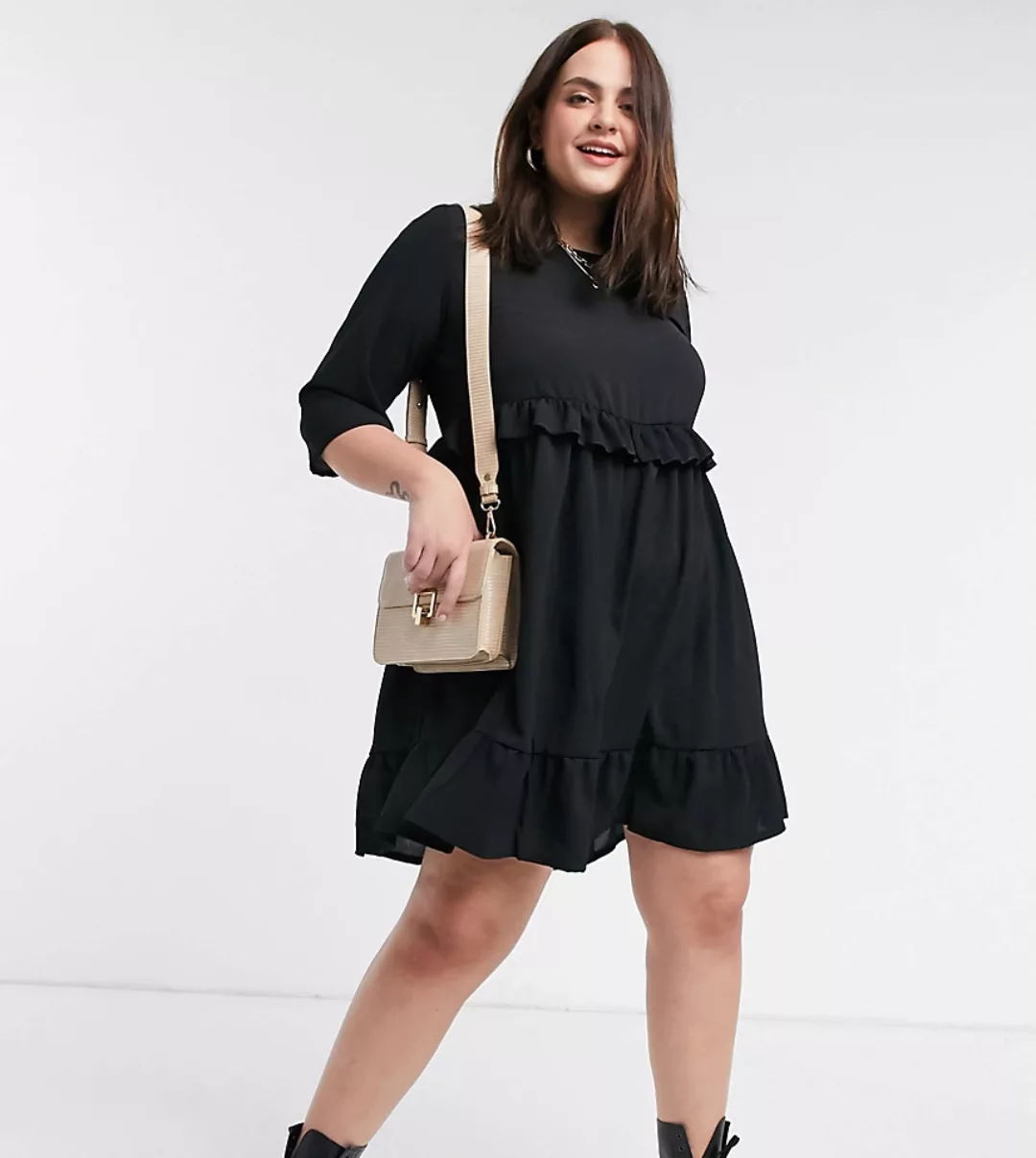 Yours – Schwarzes Smok-Kleid mit Rüschenlage günstig online kaufen