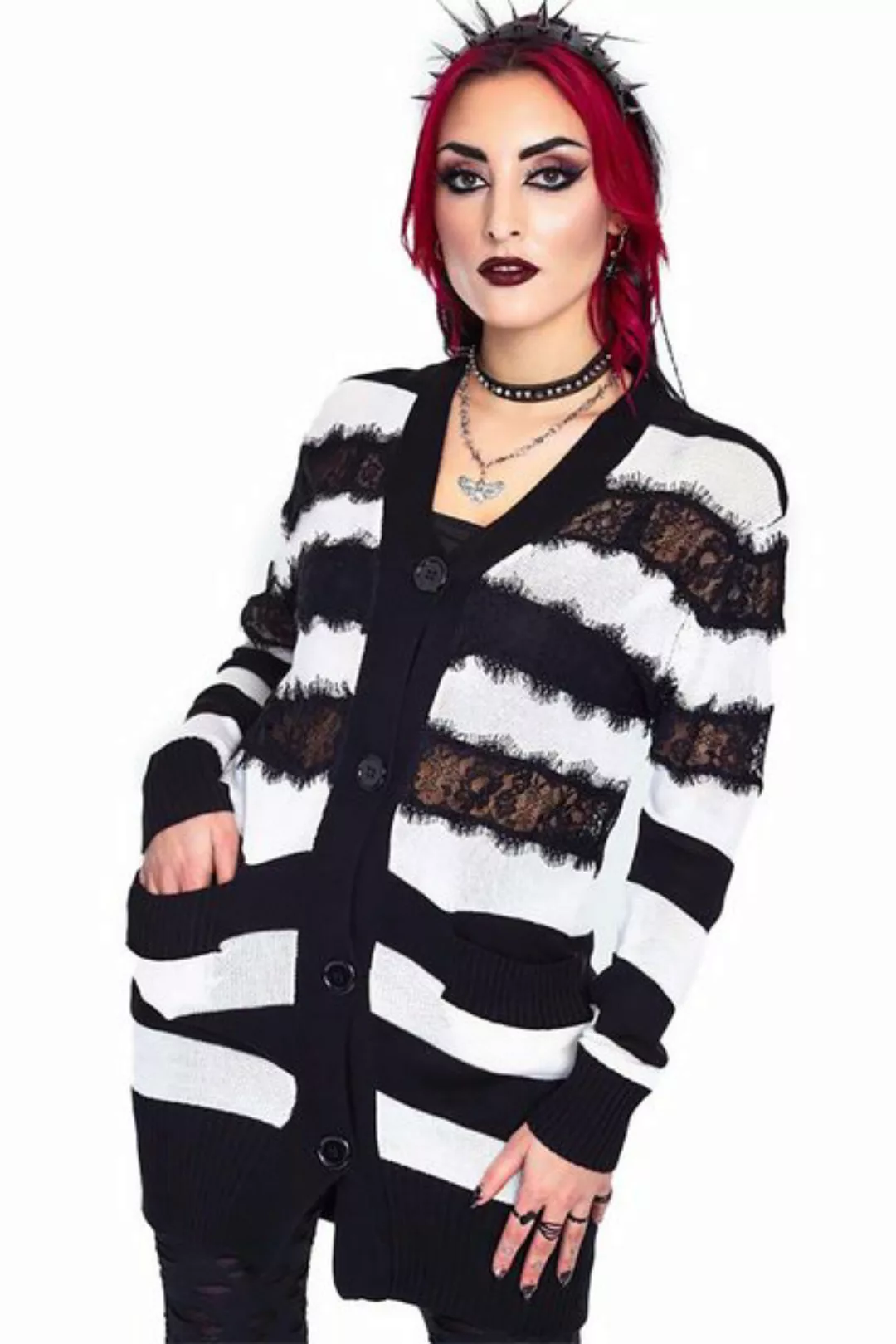 Jawbreaker Strickjacke Oversized Stripe White Cardigan Punk Grufti Gothic günstig online kaufen
