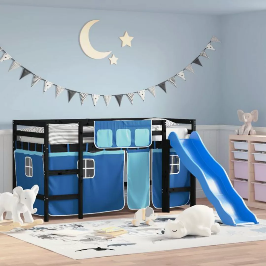 vidaXL Kinderbett Kinderhochbett mit Vorhängen Blau 80x200 cm Massivholz Ki günstig online kaufen