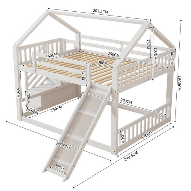 Flieks Etagenbett, Kinderbett mit Treppe & Rutsche & oberem Lattenrost 140x günstig online kaufen