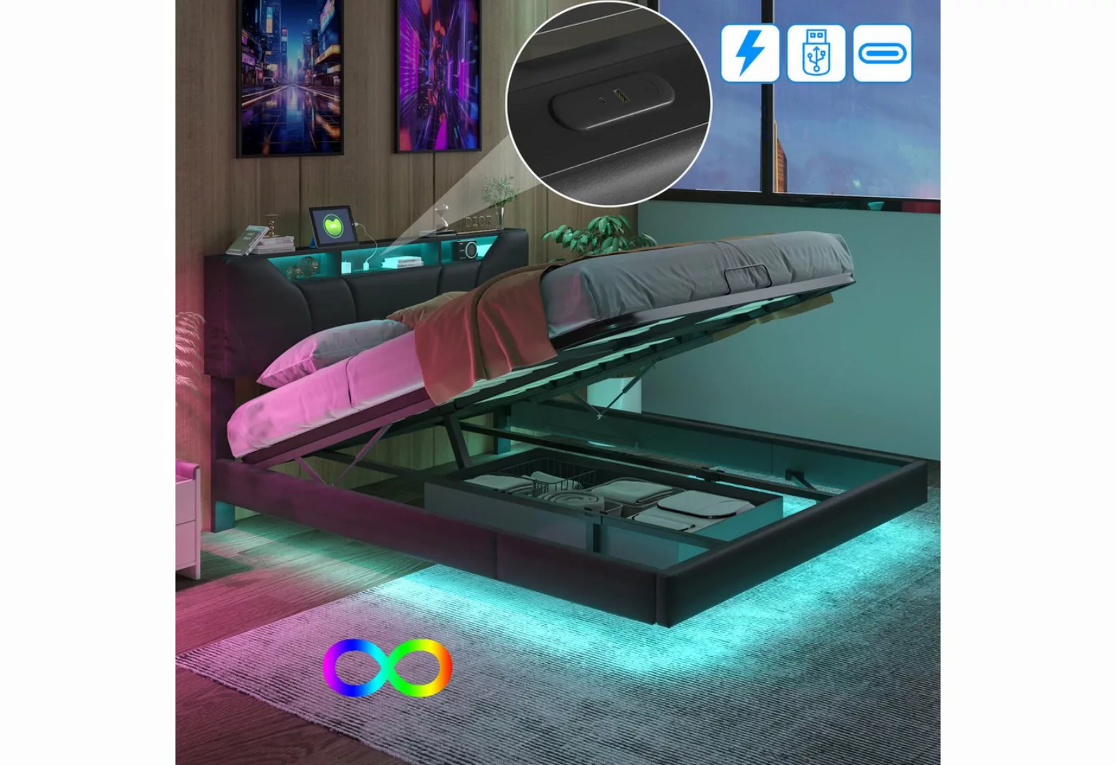 FUROKOY Polsterbett LED hydraulisches Doppelbett Kunstleder mit Stauraum un günstig online kaufen