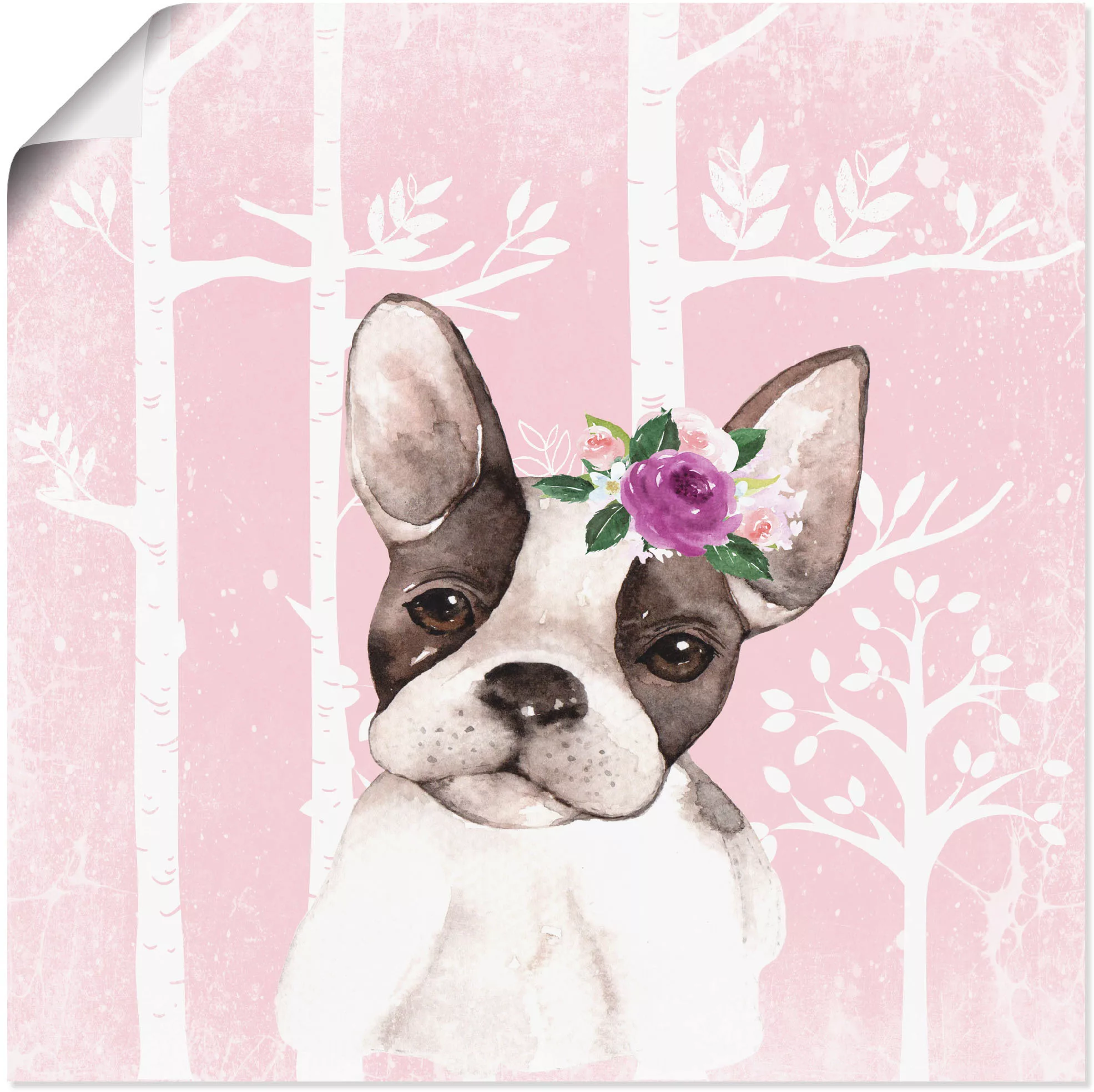 Artland Wandbild "Mops Hund mit Blumen im pink Wald", Tiere, (1 St.), als P günstig online kaufen