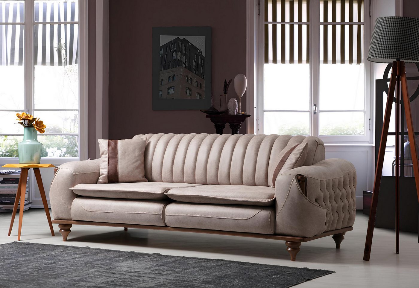 Xlmoebel 3-Sitzer Beigefarbene Drei-Sitzer Chesterfield Sofa Polstermöbel S günstig online kaufen