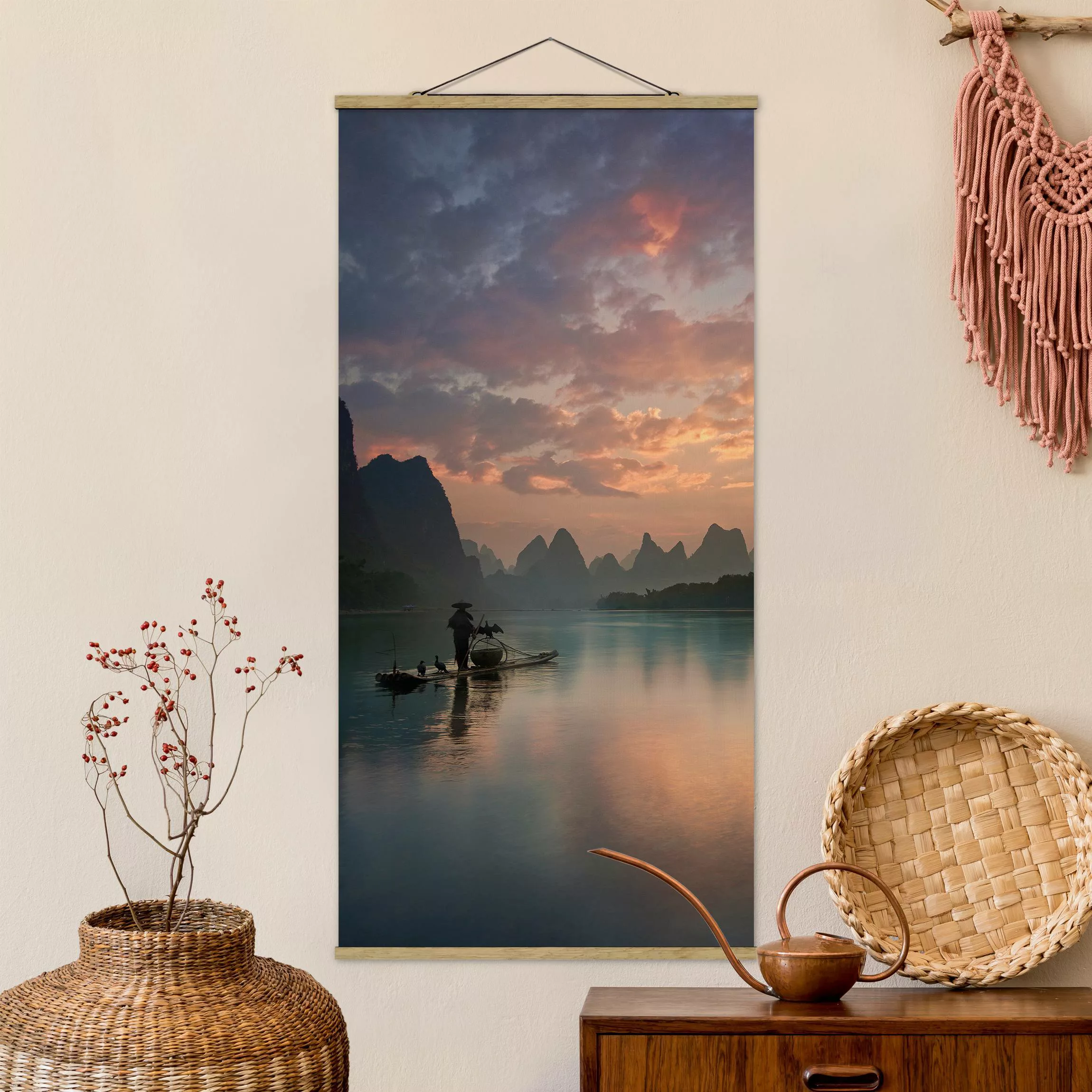 Stoffbild Strand mit Posterleisten - Hochformat Sonnenaufgang über chinesis günstig online kaufen