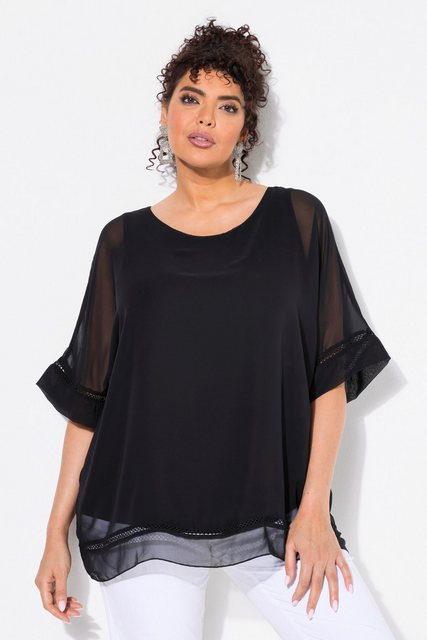 Ulla Popken Tunika Chiffon-Überwurf Spitze oversized Rundhals 3/4-Arm günstig online kaufen