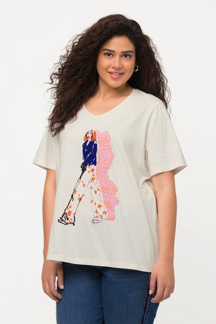 Ulla Popken T-Shirt T-Shirt Frauenmotiv Oversized V-Ausschnitt Halbarm günstig online kaufen