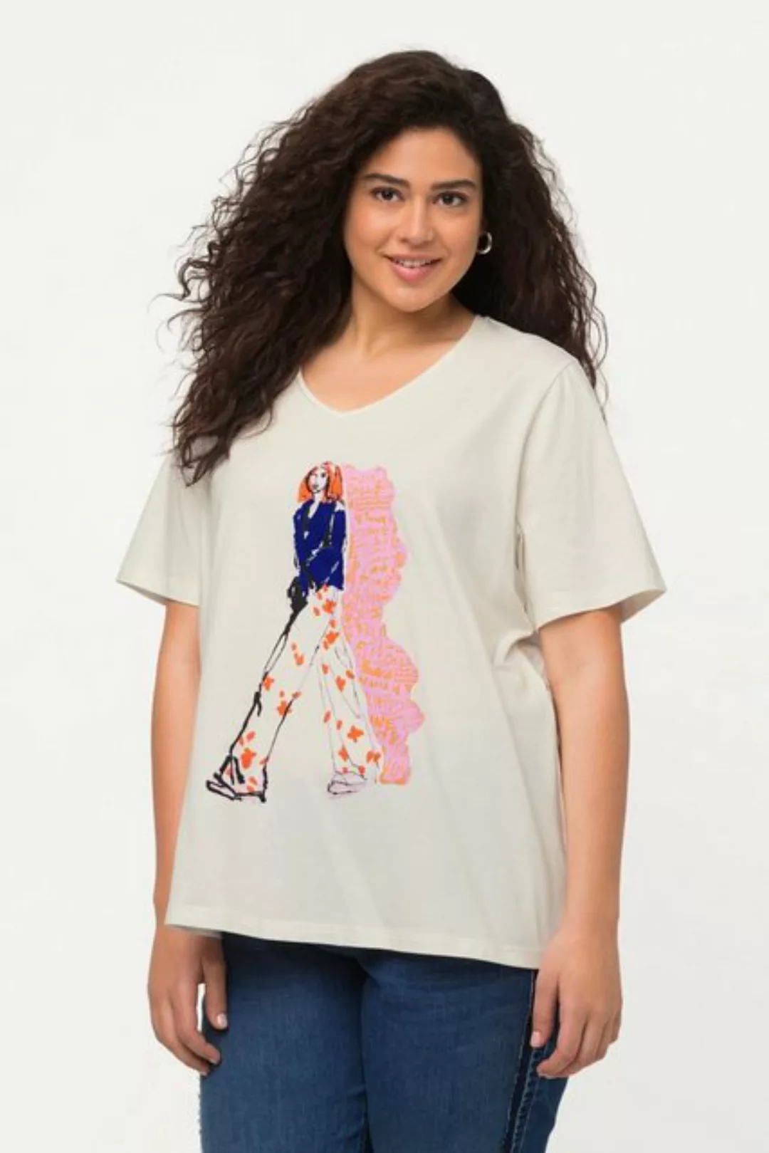 Ulla Popken Rundhalsshirt T-Shirt Frauenmotiv Oversized V-Ausschnitt Halbar günstig online kaufen