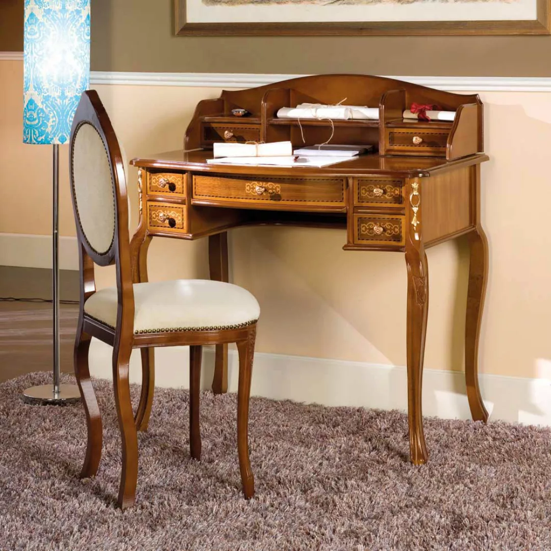 Design Schreibtisch und Stuhl im Barock Look Nussbaum und Creme Weiß (zweit günstig online kaufen