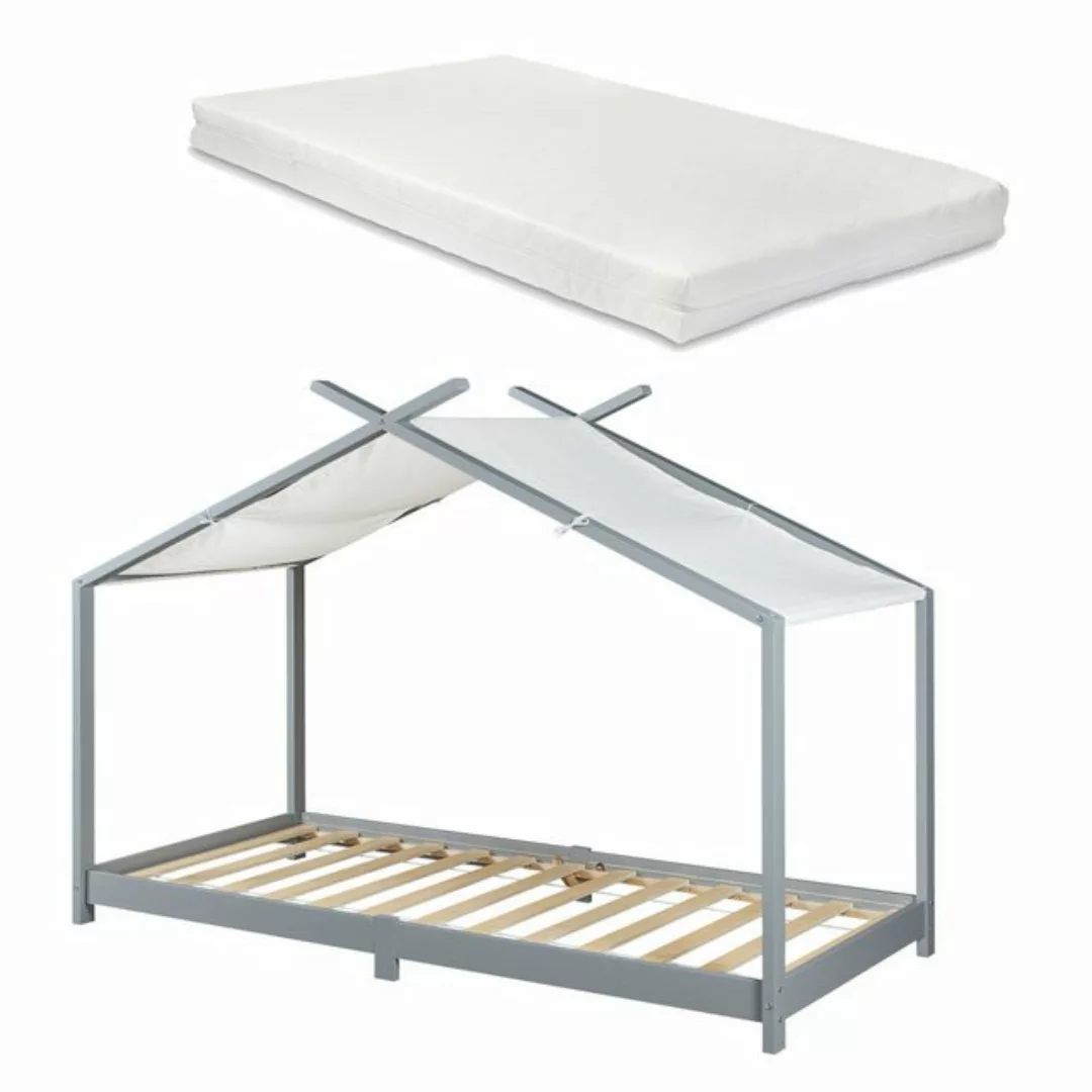 en.casa Kinderbett, »Brome« mit Matratze 90 x 200 cm Hausbett Holz Grau günstig online kaufen