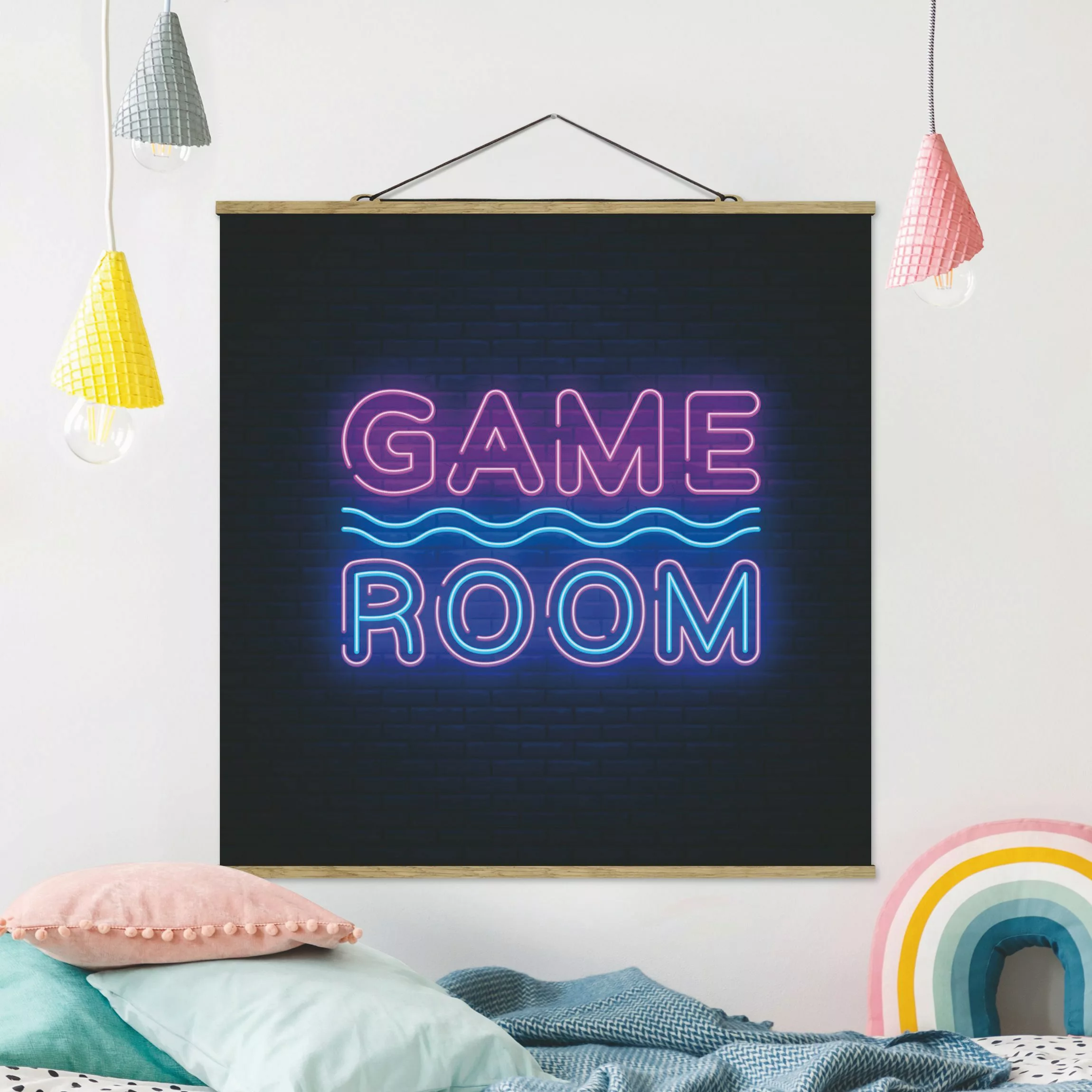 Stoffbild mit Posterleisten Neon Schrift Game Room günstig online kaufen