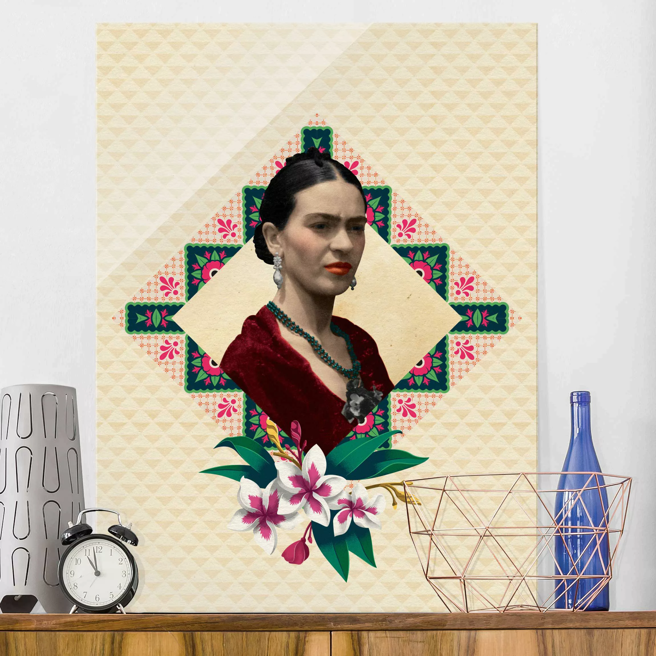 Glasbild Kunstdruck - Hochformat Frida Kahlo - Blumen und Geometrie günstig online kaufen