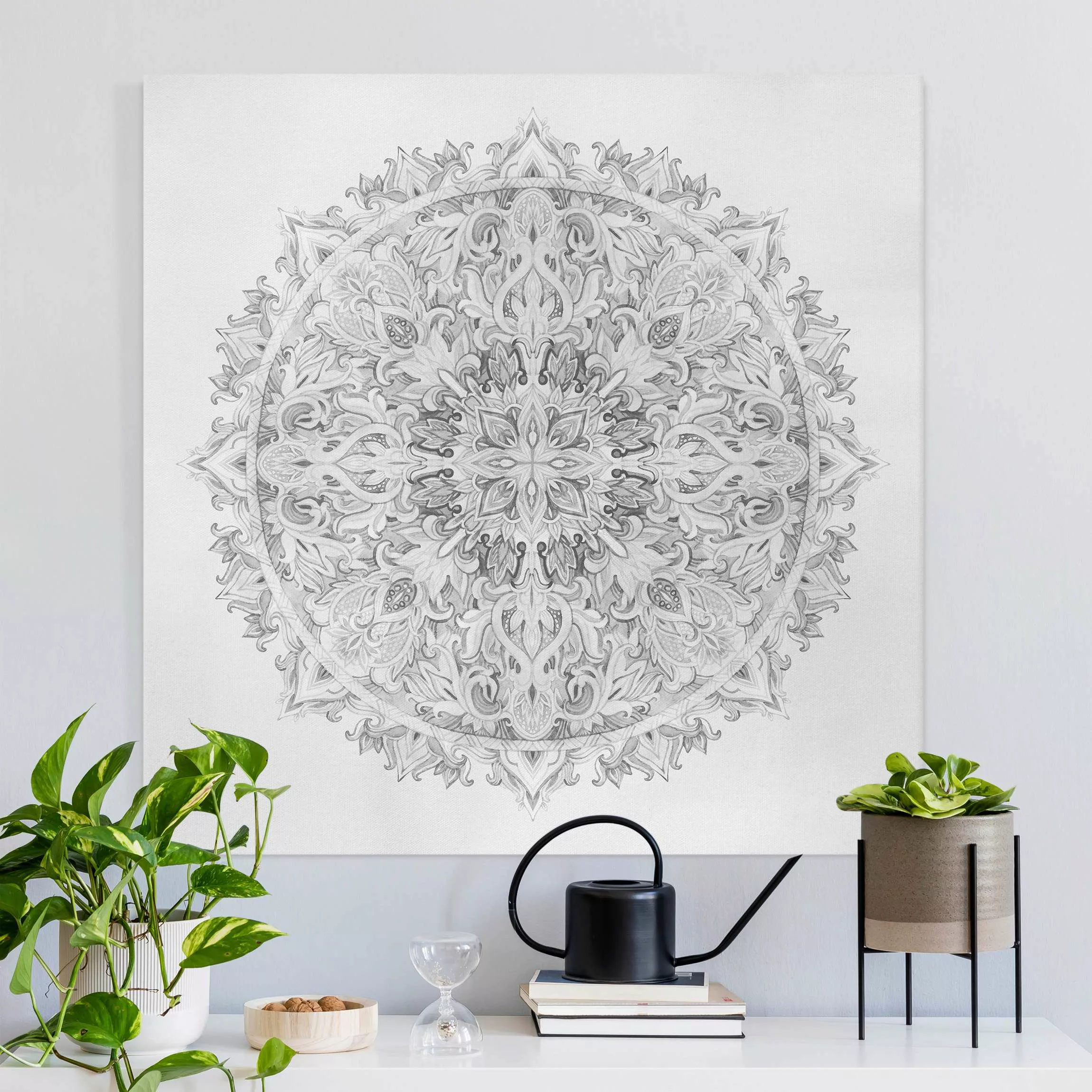 Leinwandbild Mandala Aquarell Ornament Schwarz-Weiß günstig online kaufen