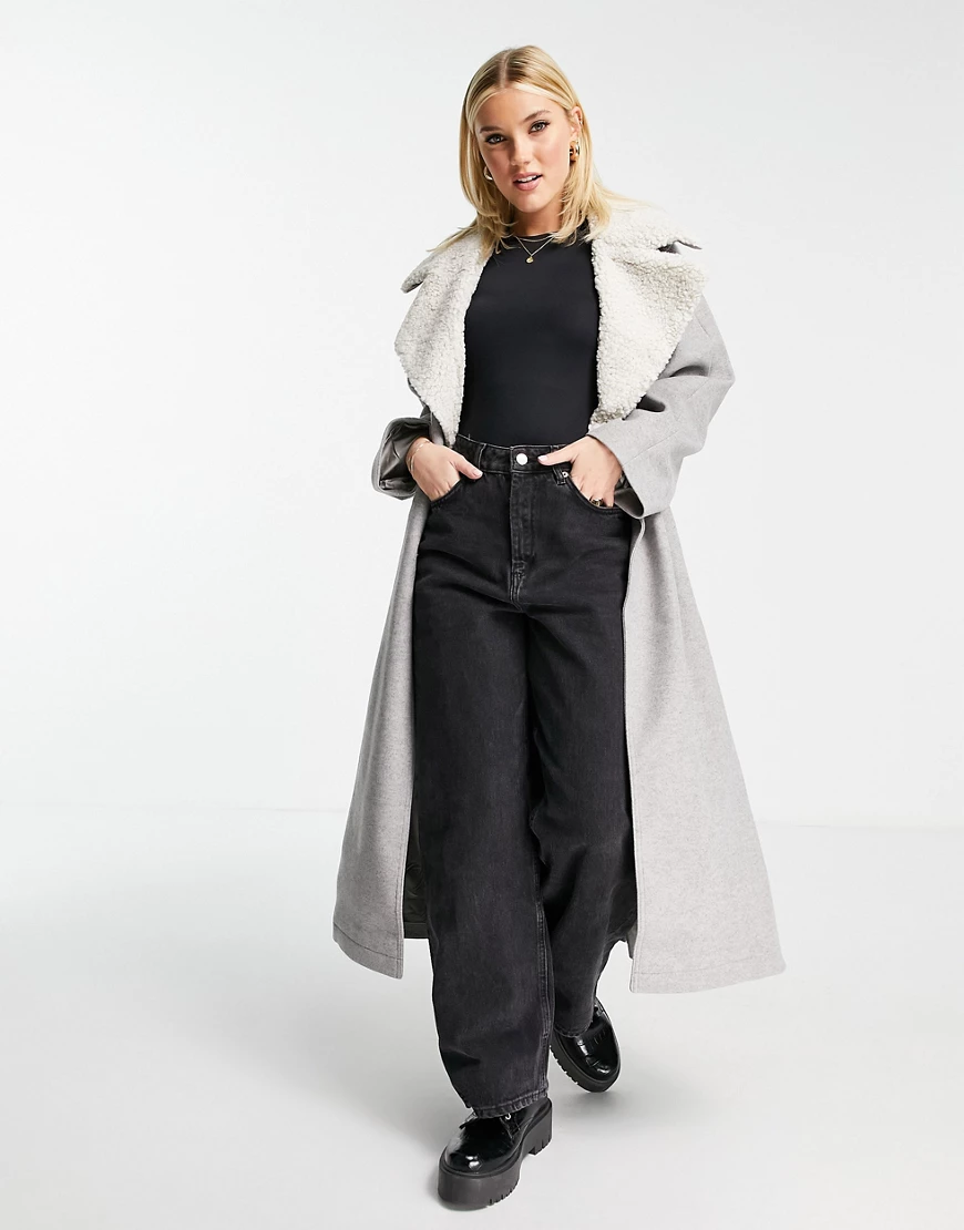 ASOS DESIGN – Mantel mit Gürtel und Teddyfell-Kragen in Grau günstig online kaufen
