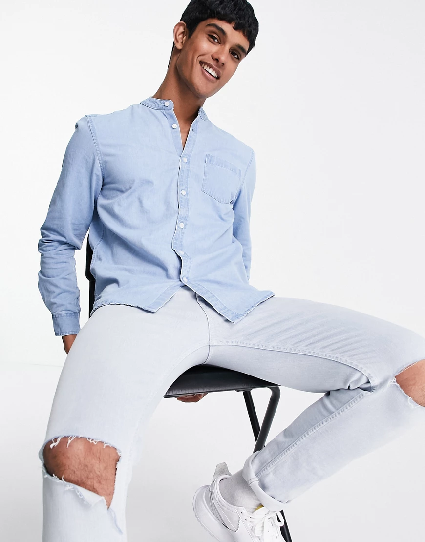 New Look – Jeanshemd mit Stehkragen in Hellblau günstig online kaufen