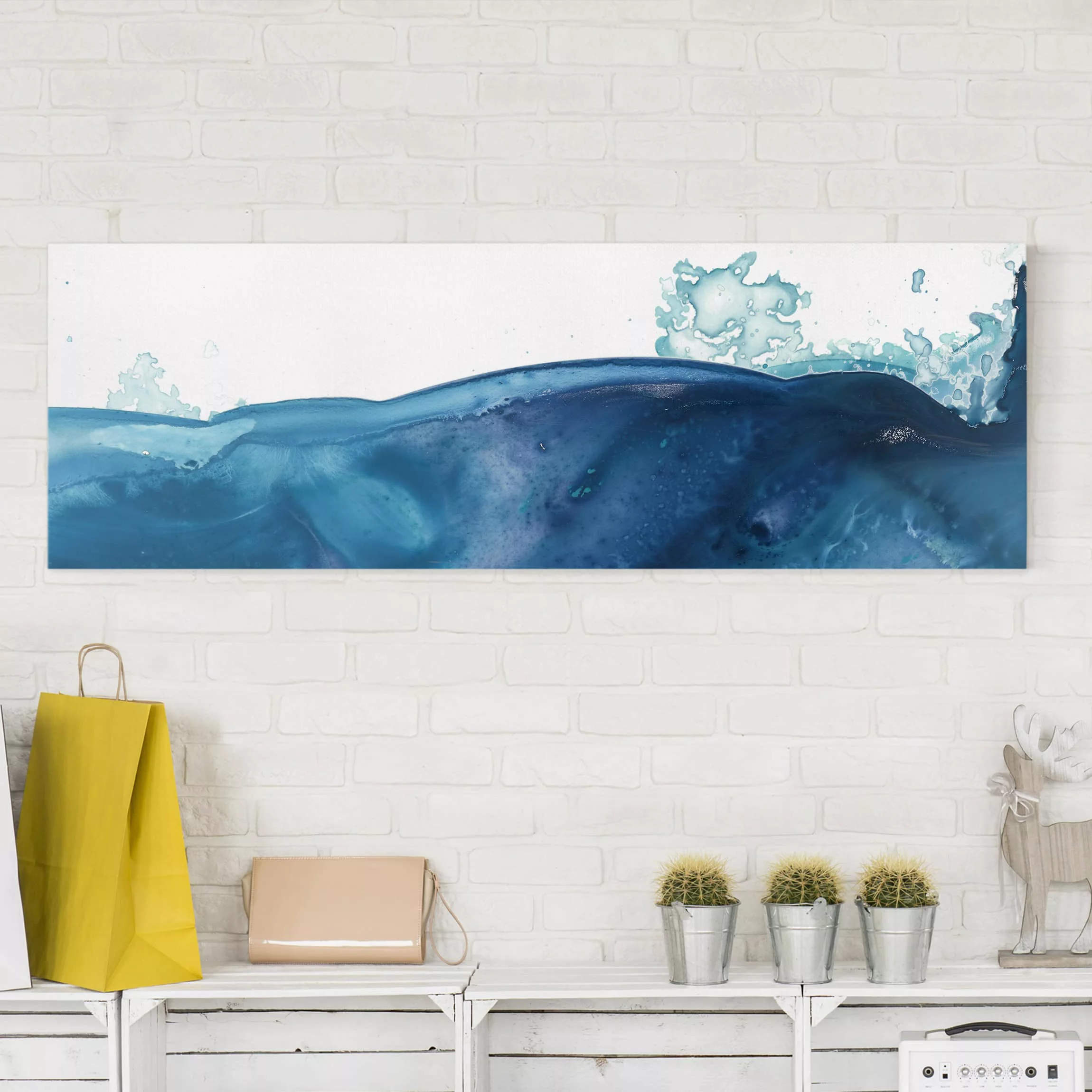 Leinwandbild Abstrakt - Panorama Welle Aquarell Blau II günstig online kaufen