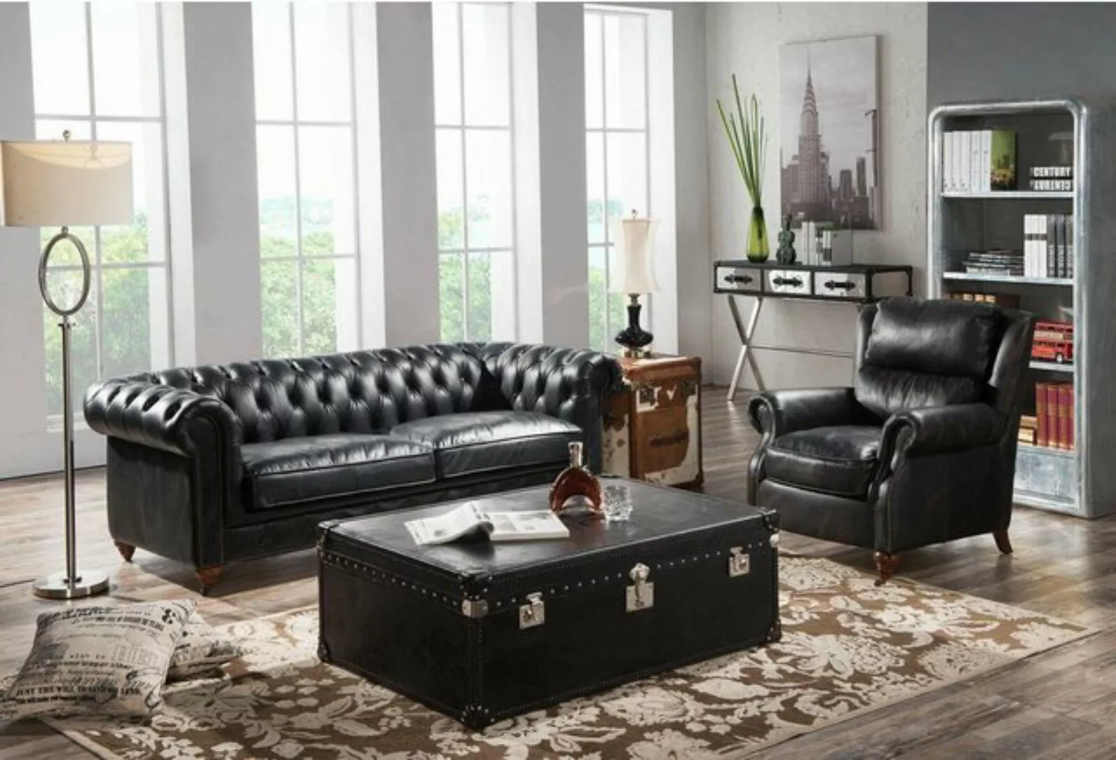 JVmoebel Sofa Chesterfield Sofa 3 Sitzer mit Sessel Vintage Leder Möbel, Ma günstig online kaufen