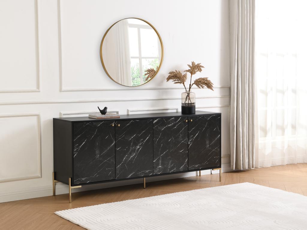 Sideboard mit 4 Türen - MDF & Metall - Marmor-Optik Schwarz & Goldfarben - günstig online kaufen