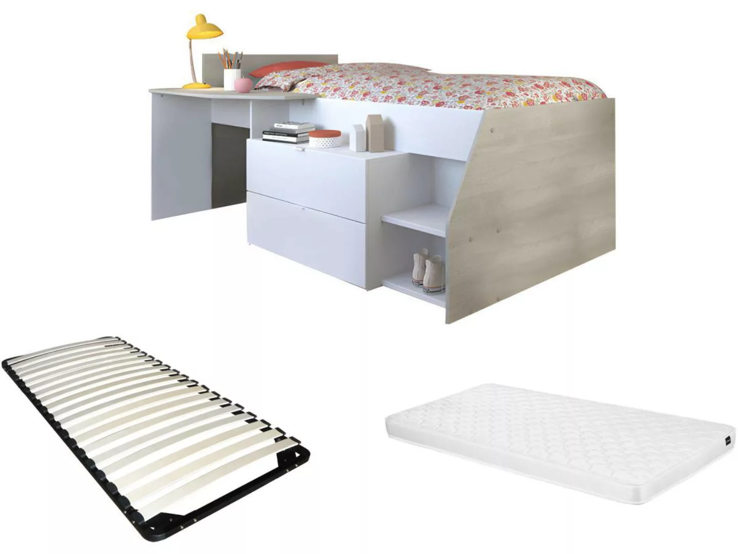 Kinderbett mit Schreibtisch & Stauraum  + Matratze + Lattenrost - 90 x 190/ günstig online kaufen