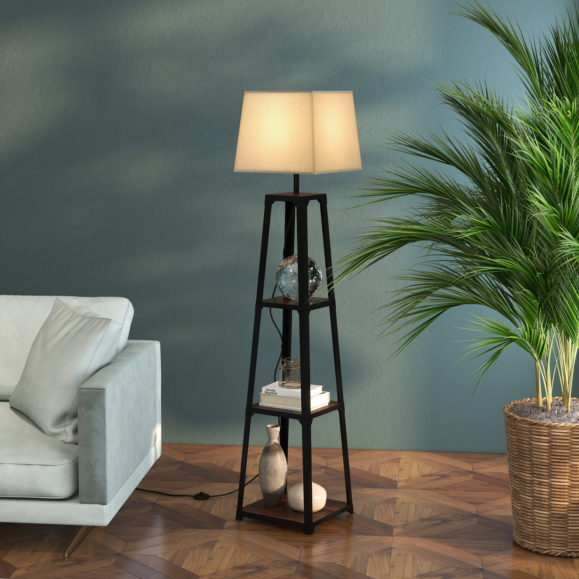 HOMCOM Stehlampe aus Metall und MDF mit 3 Regalen und Stofflampenschirm, Ø4 günstig online kaufen