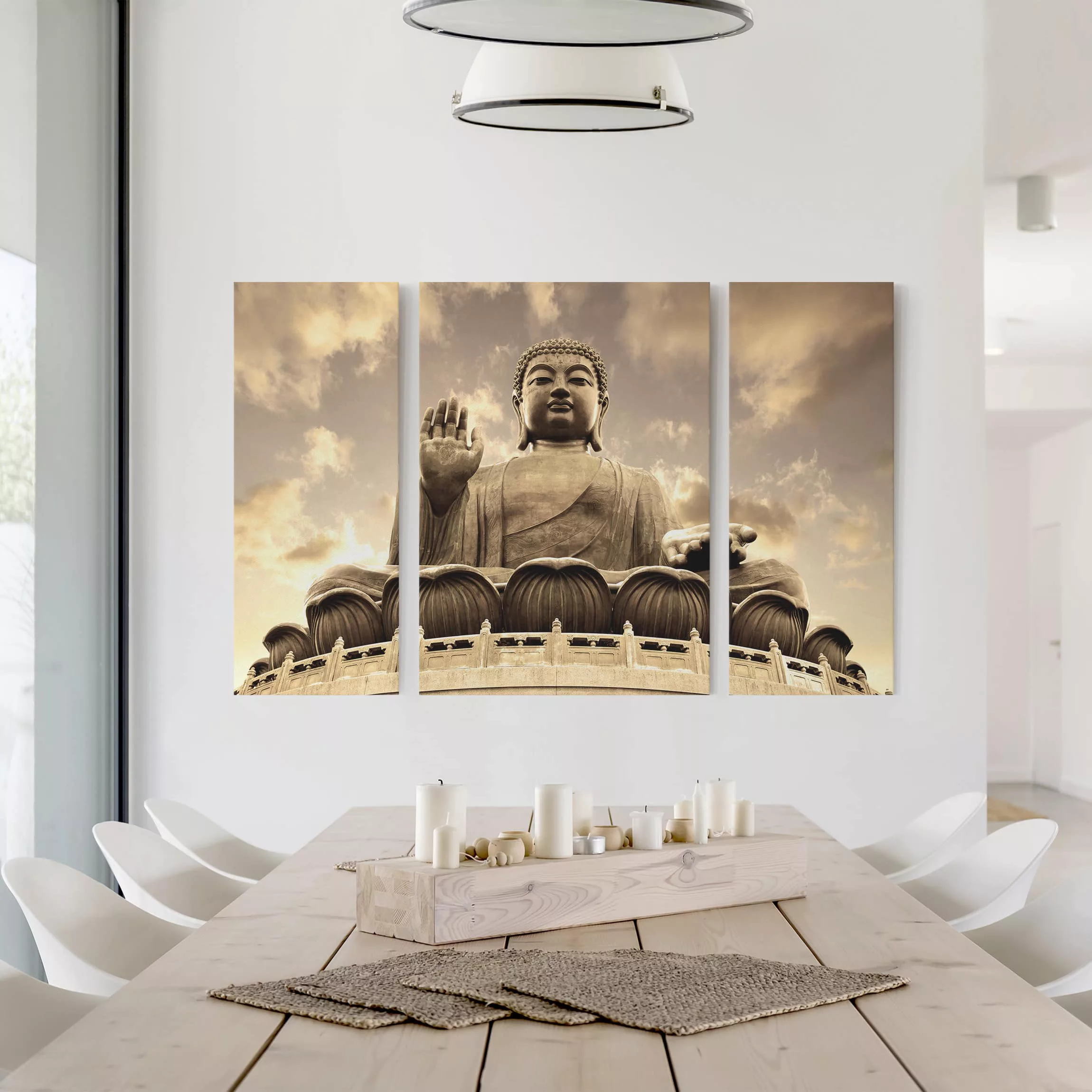 3-teiliges Leinwandbild Buddha - Querformat Großer Buddha sepia günstig online kaufen