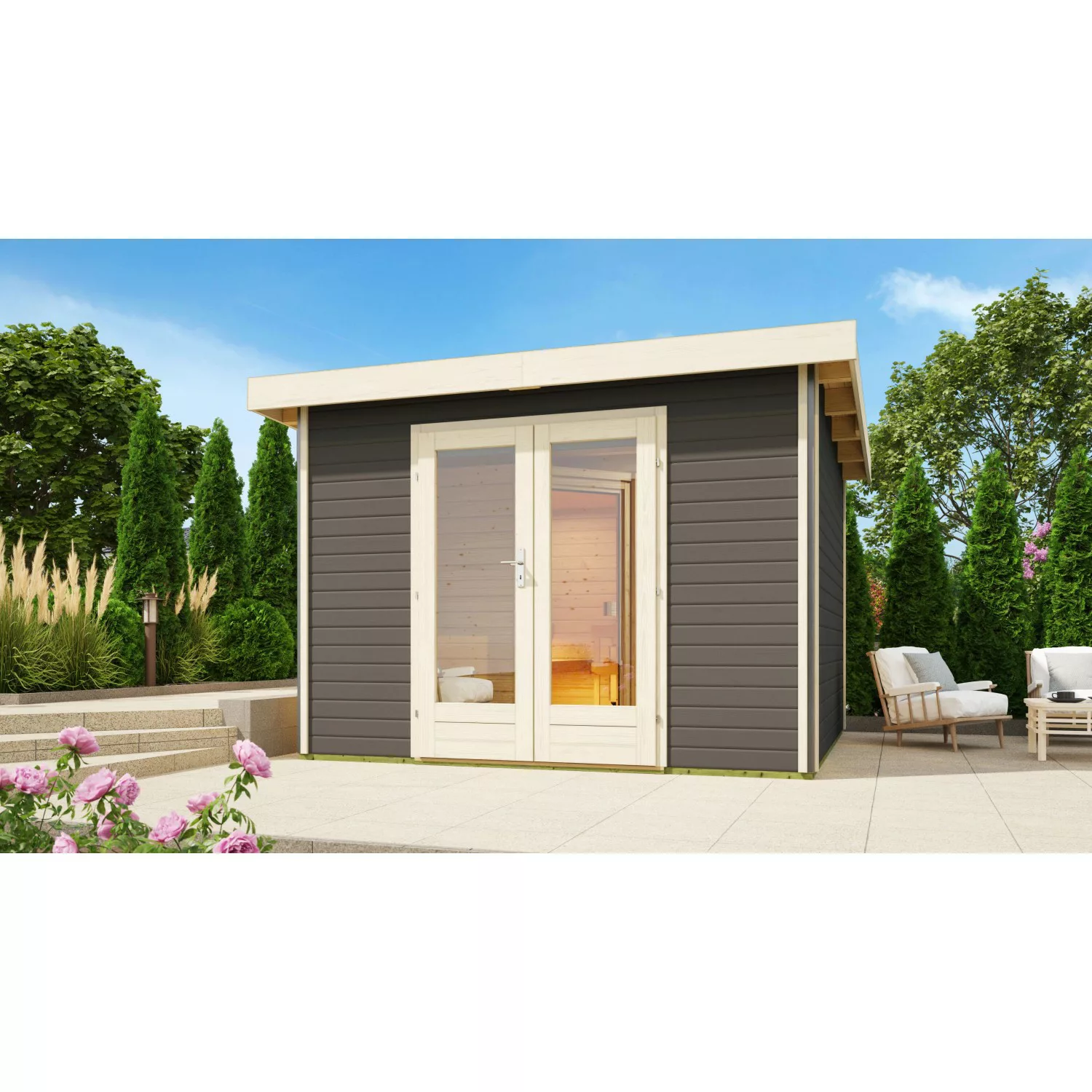 Karibu Saunahaus Magnus 1 Terragrau mit Ofen 9 kW Bio Ext. Strg. günstig online kaufen