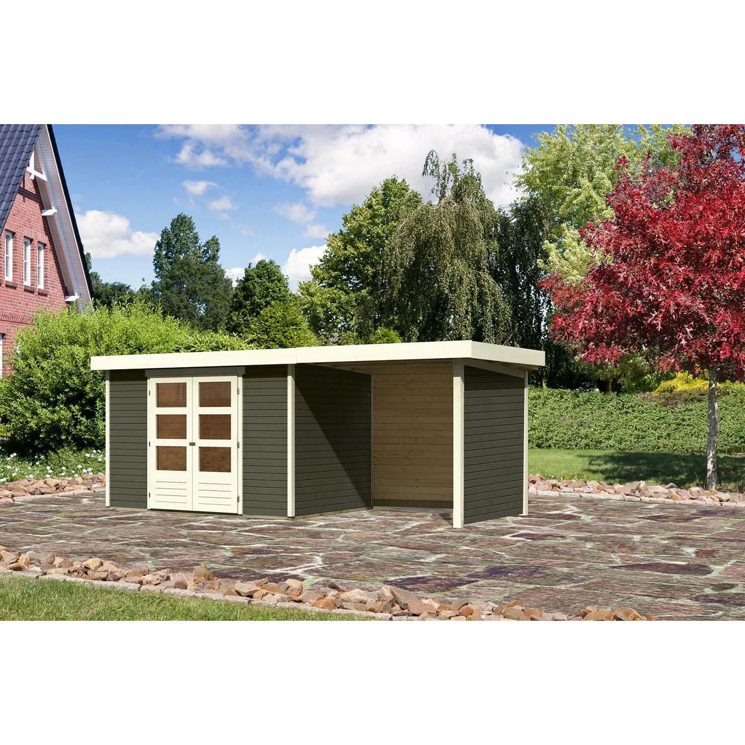Karibu Holz-Gartenhaus/Gerätehaus Boras Terragrau Flachdach Lackiert 298 cm günstig online kaufen