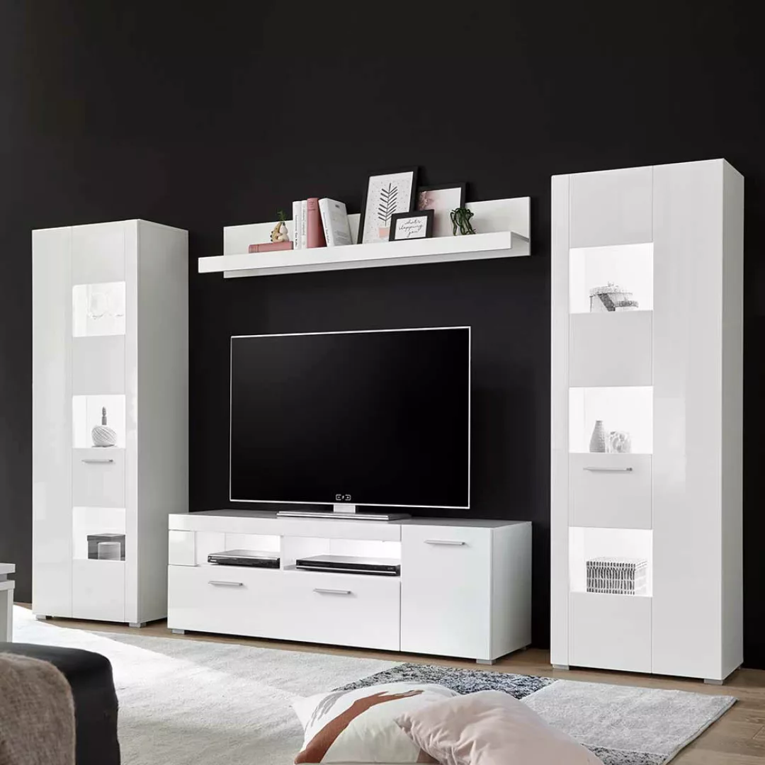 Design Wohnwand in Hochglanz Weiß 170 cm hoch (vierteilig) günstig online kaufen