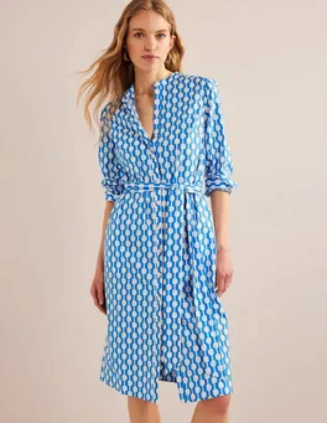 Midi-Hemdblusenkleid ohne Kragen Damen Boden, Marokkoblau, Geometrisches Mu günstig online kaufen