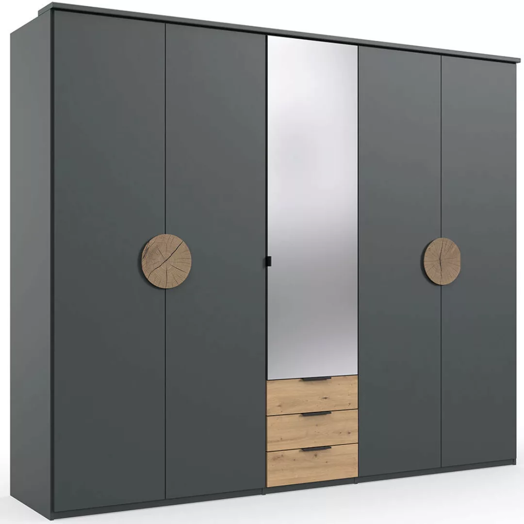 Kleiderschrank 225cm breit mit Spiegeltüren grau mit Eiche Nb., TAVAS-43 günstig online kaufen