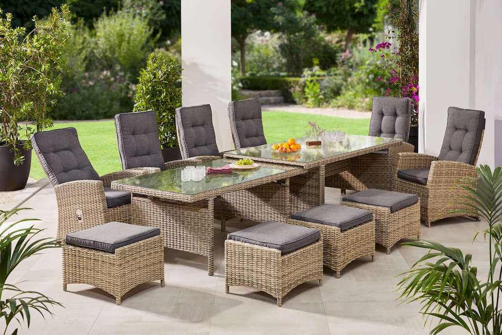 KONIFERA Garten-Essgruppe "Monaco", (Set, 27 tlg., 6x Sessel, 4x Hocker, 1x günstig online kaufen