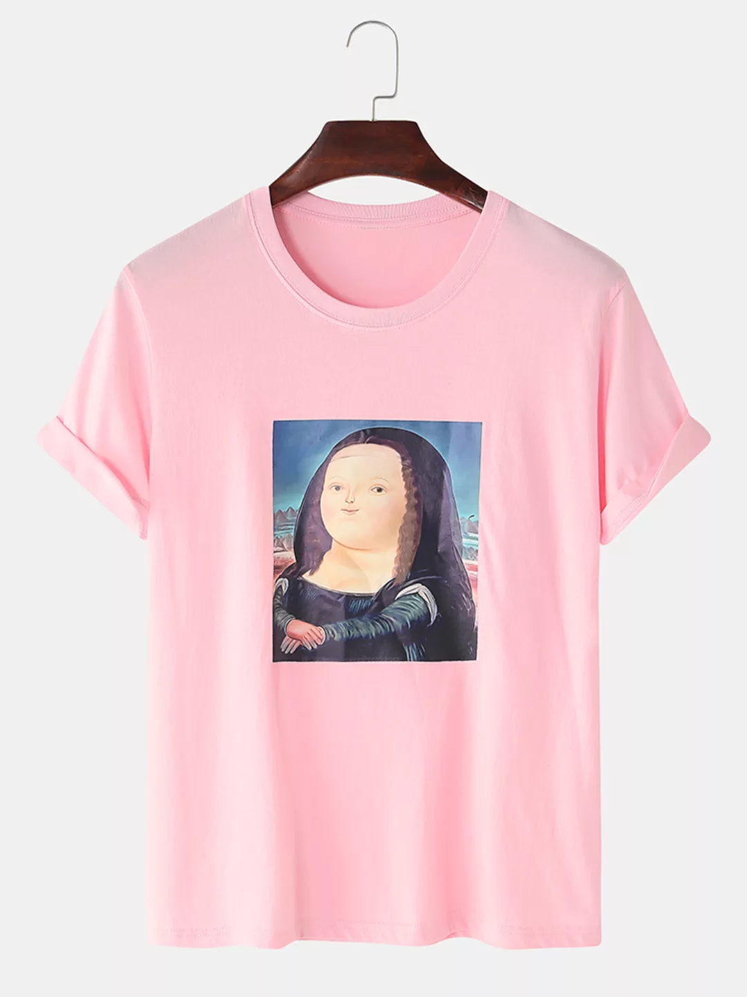 Herren lustige Mona Lisa Print lässige lose leichte Rundhals-T-Shirts günstig online kaufen
