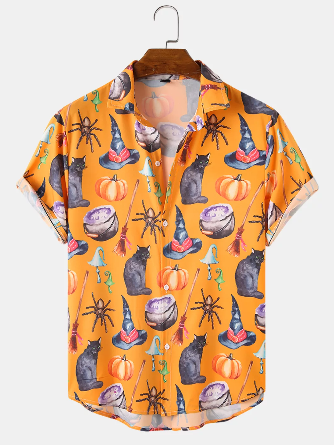 Mens Halloween Funny AllOver Katze Kürbisdruck Lose Kurzarmhemden günstig online kaufen