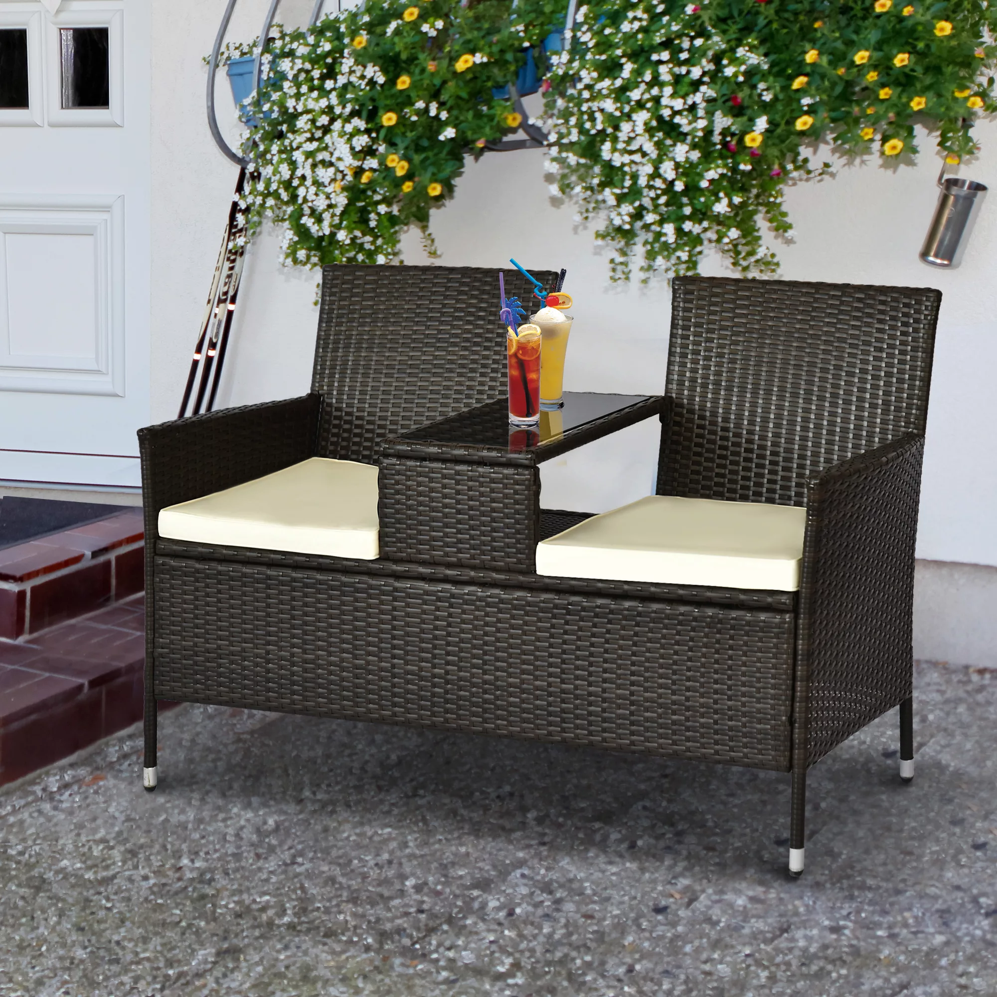 Outsunny Polyrattan Sitzbank 2-Sitzer mit Tisch Gartenbank Stahlrahmen Brau günstig online kaufen
