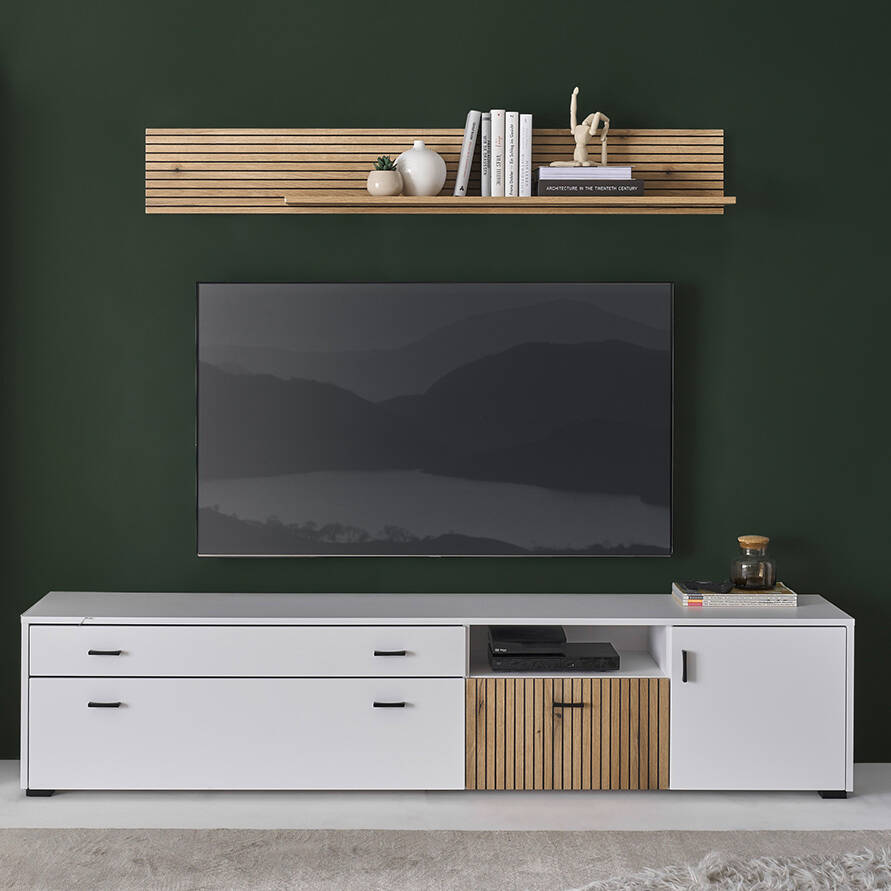 TV Lowboard 200cm und Wandboard weiß matt Eiche gerillt HUNTER-61 günstig online kaufen