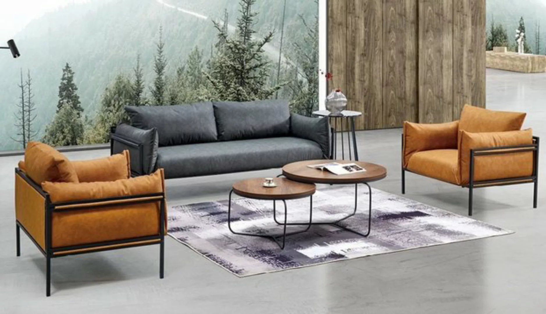 JVmoebel Sofa Graue Sofagarnitur Sofa Couch Stoff Garnitur Oranges 3+1+1 Se günstig online kaufen