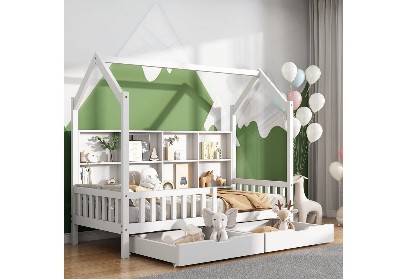Flieks Kinderbett, Einzelbett Ablageregal 2 Schubladen Massivholz 90x200cm günstig online kaufen