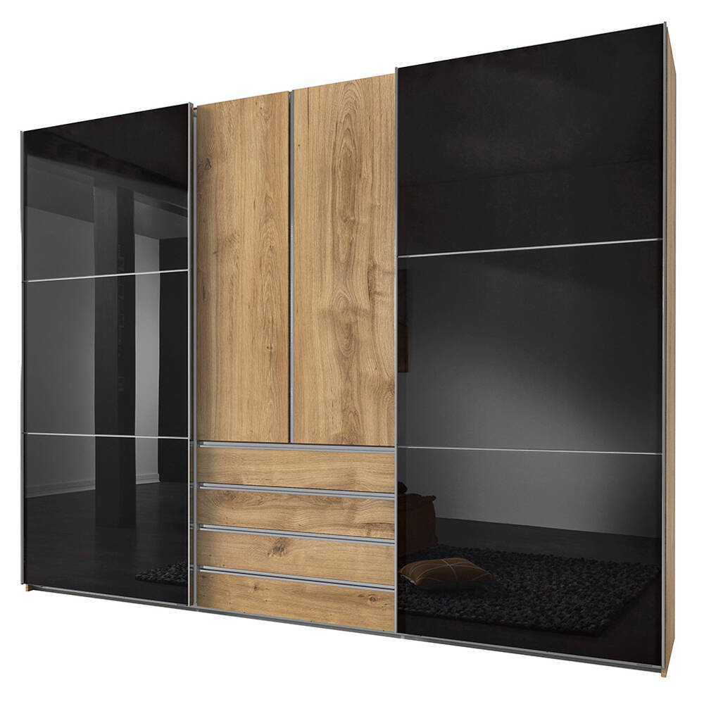 Kleiderschrank 300cm breit Eiche mit grau Glasfront, MIDLAND-43 günstig online kaufen