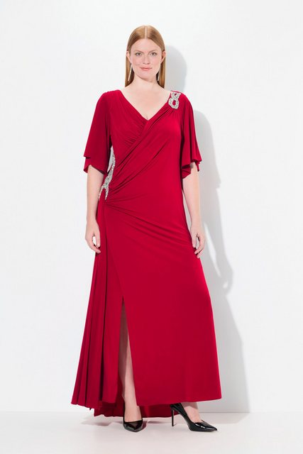 Ulla Popken Cocktailkleid Maxikleid Drapierung V-Ausschnitt Glockenärmel günstig online kaufen