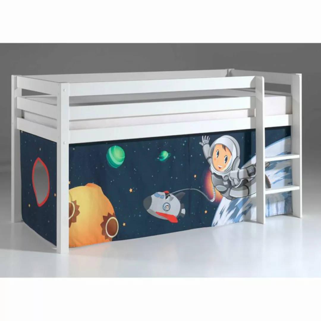 Hochbett Kinderzimmer PINOO-12 mit Textilset Spaceman in Kiefer massiv weiß günstig online kaufen