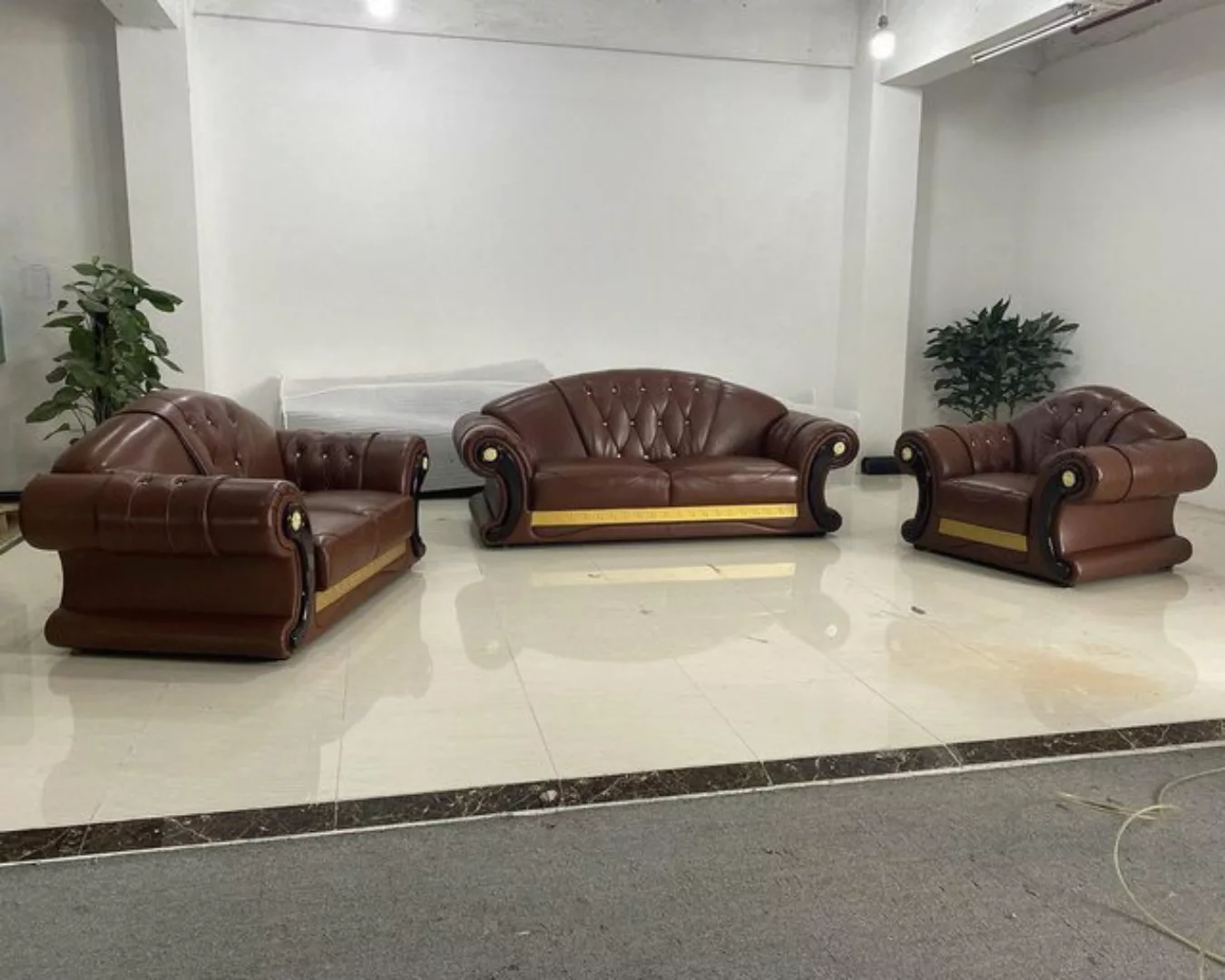 JVmoebel Sofa Braune Sofagarnitur Chesterfield Leder Sofa Couch Gruppe, 3 T günstig online kaufen