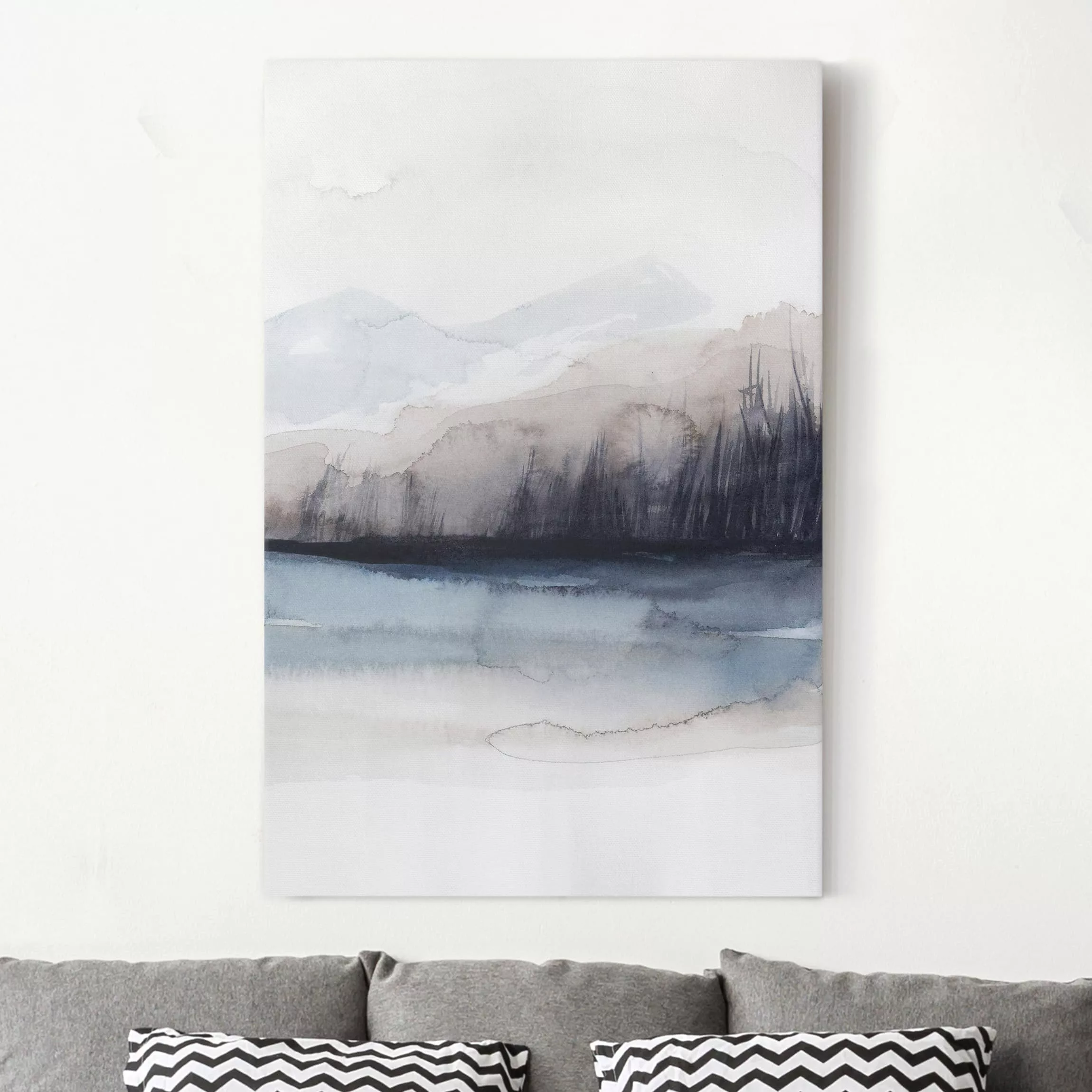 Leinwandbild Abstrakt - Hochformat Seeufer mit Bergen I günstig online kaufen