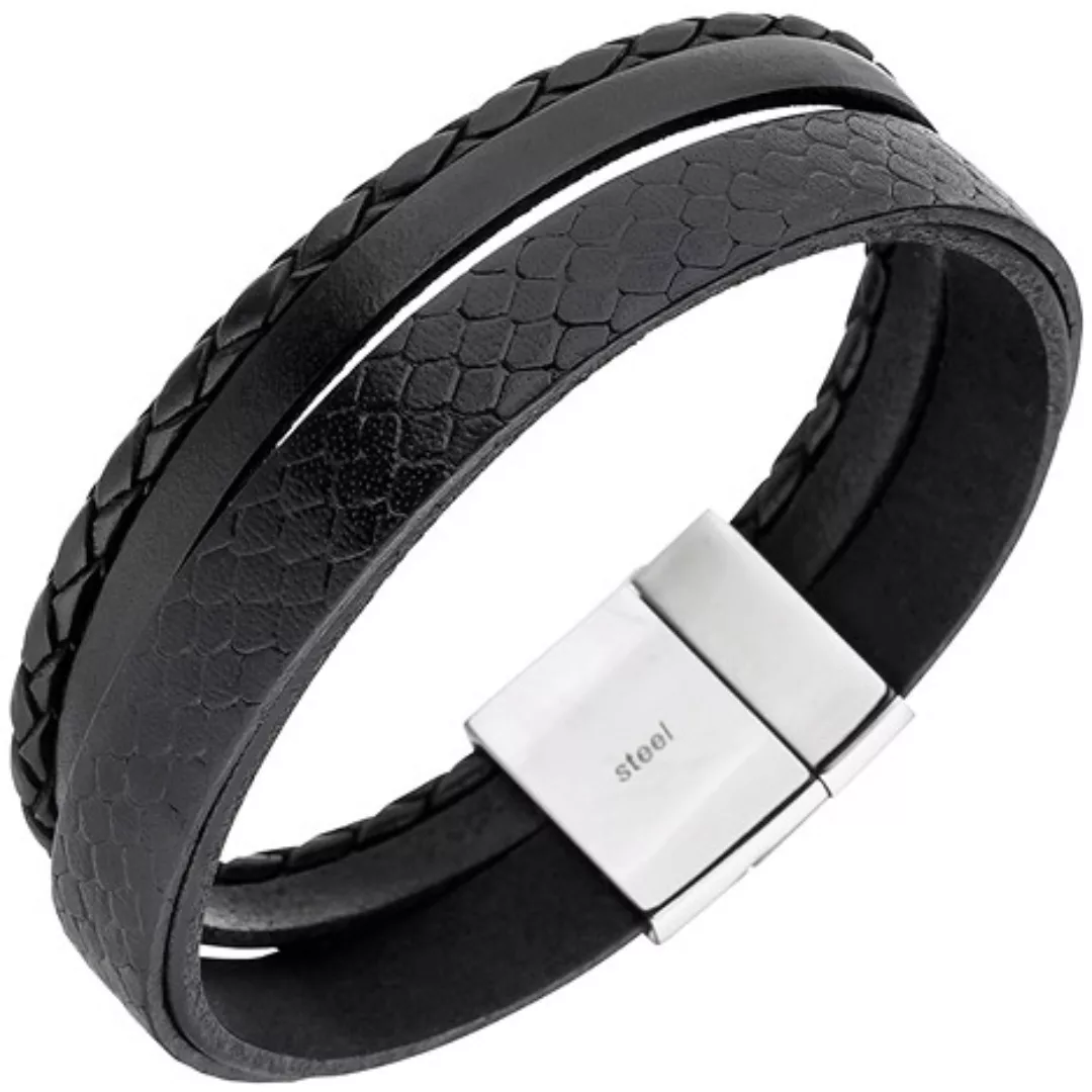 SIGO Herren Armband 4-reihig Leder schwarz geflochten Edelstahl 21 cm Herre günstig online kaufen