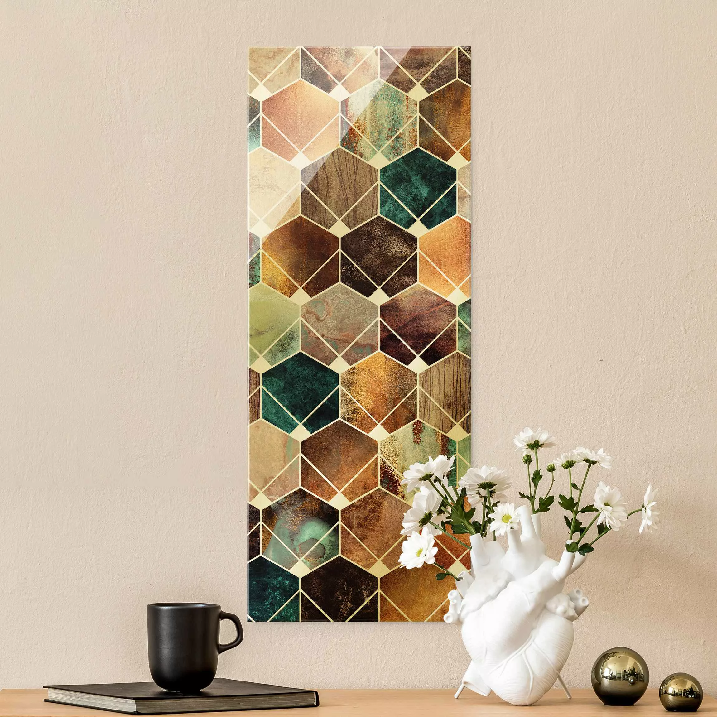 Glasbild Goldene Geometrie - Türkises Art Deco günstig online kaufen