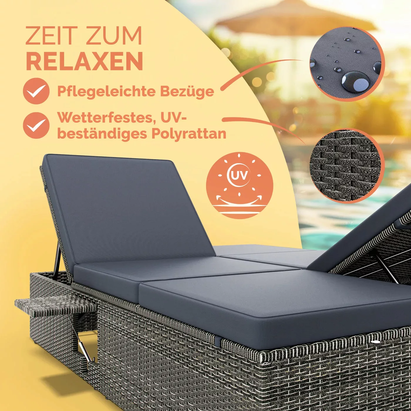 Polyrattan Gartenliege Grau/Anthrazit 200x115x33cm günstig online kaufen