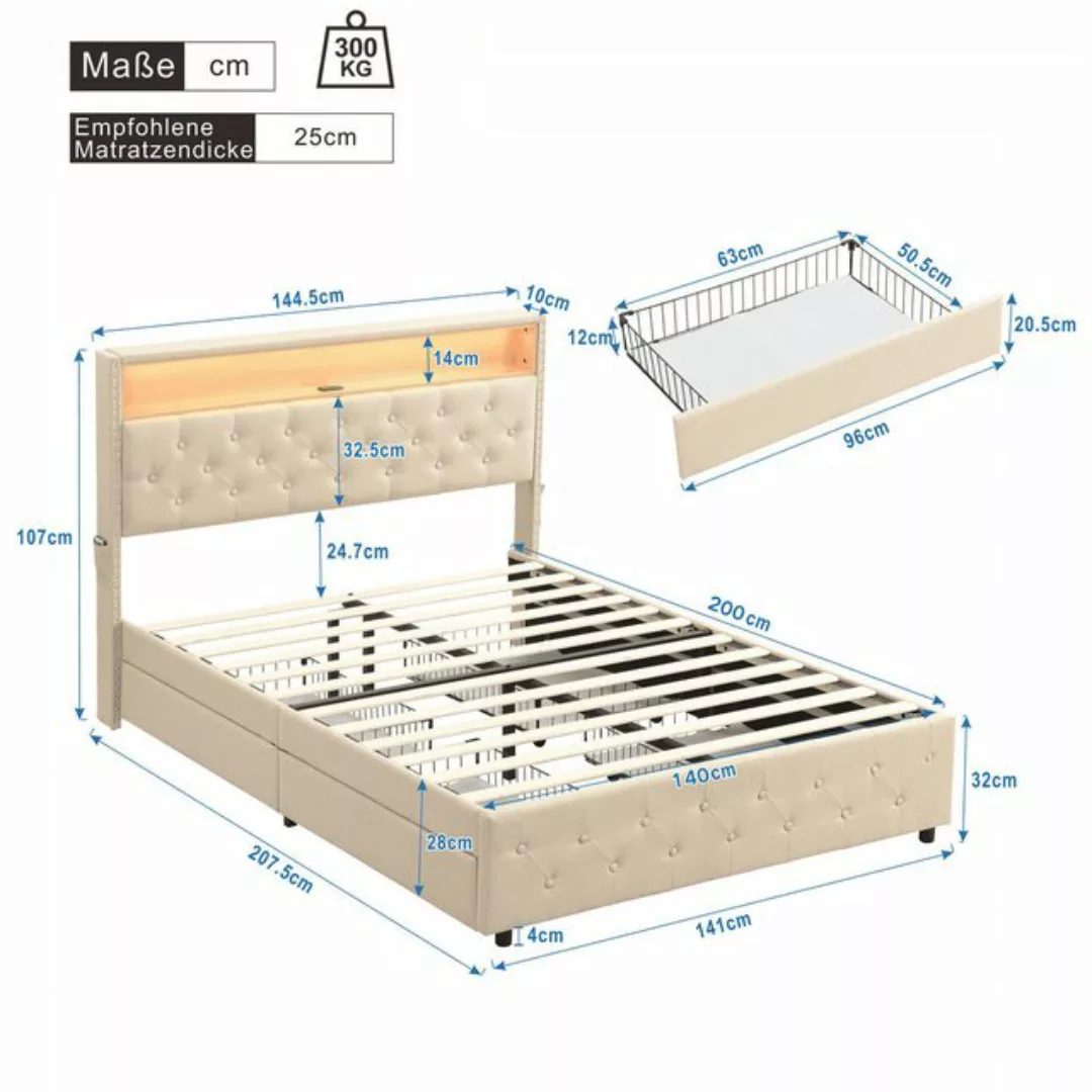 BlingBin Polsterbett mit LED-Kopfteil (1-tlg., 140*200), Das Bett ist mit 4 günstig online kaufen