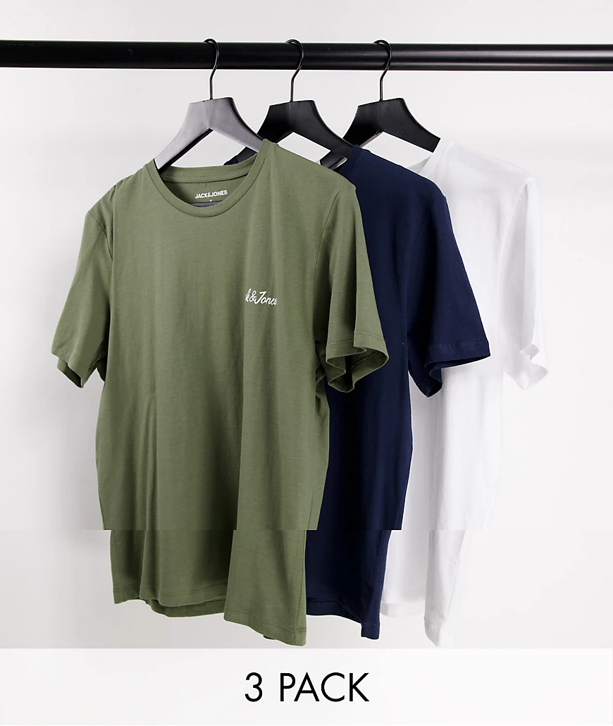 Jack & Jones – 3er-Pack T-Shirts in Weiß, Marineblau und Olivgrün mit Logo- günstig online kaufen