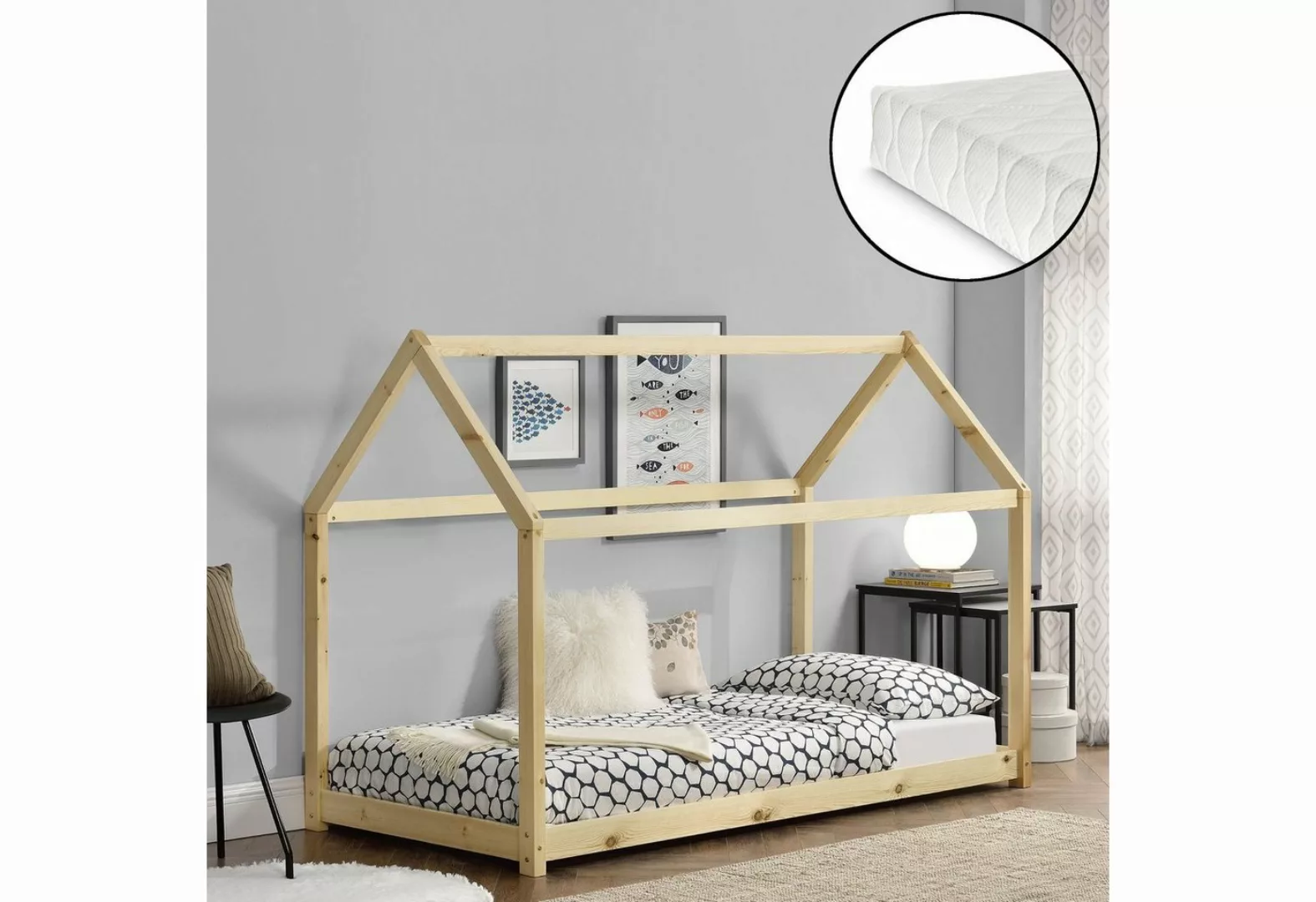 en.casa Kinderbett, »Netstal« Hausbett mit Kaltschaummatratze 90x200cm Natu günstig online kaufen