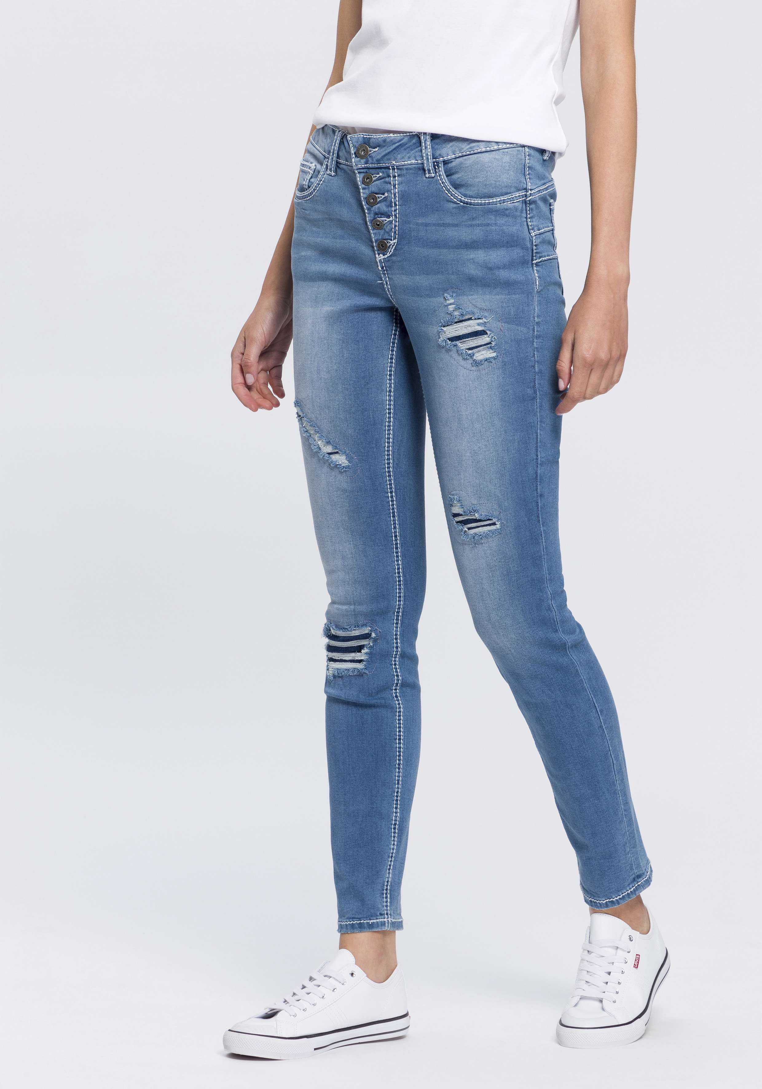 Arizona Slim-fit-Jeans mit sichtbarer, schräger Knopfleiste Mid Waist günstig online kaufen