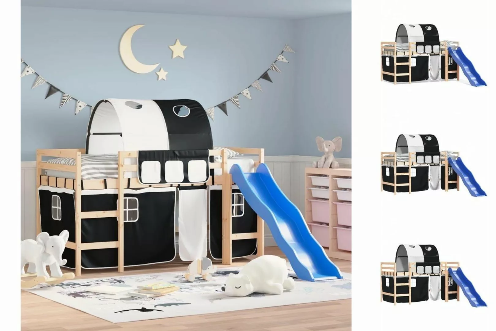 vidaXL Kinderbett Kinderhochbett mit Tunnel Weiß Schwarz 90x190 cm Kiefernh günstig online kaufen