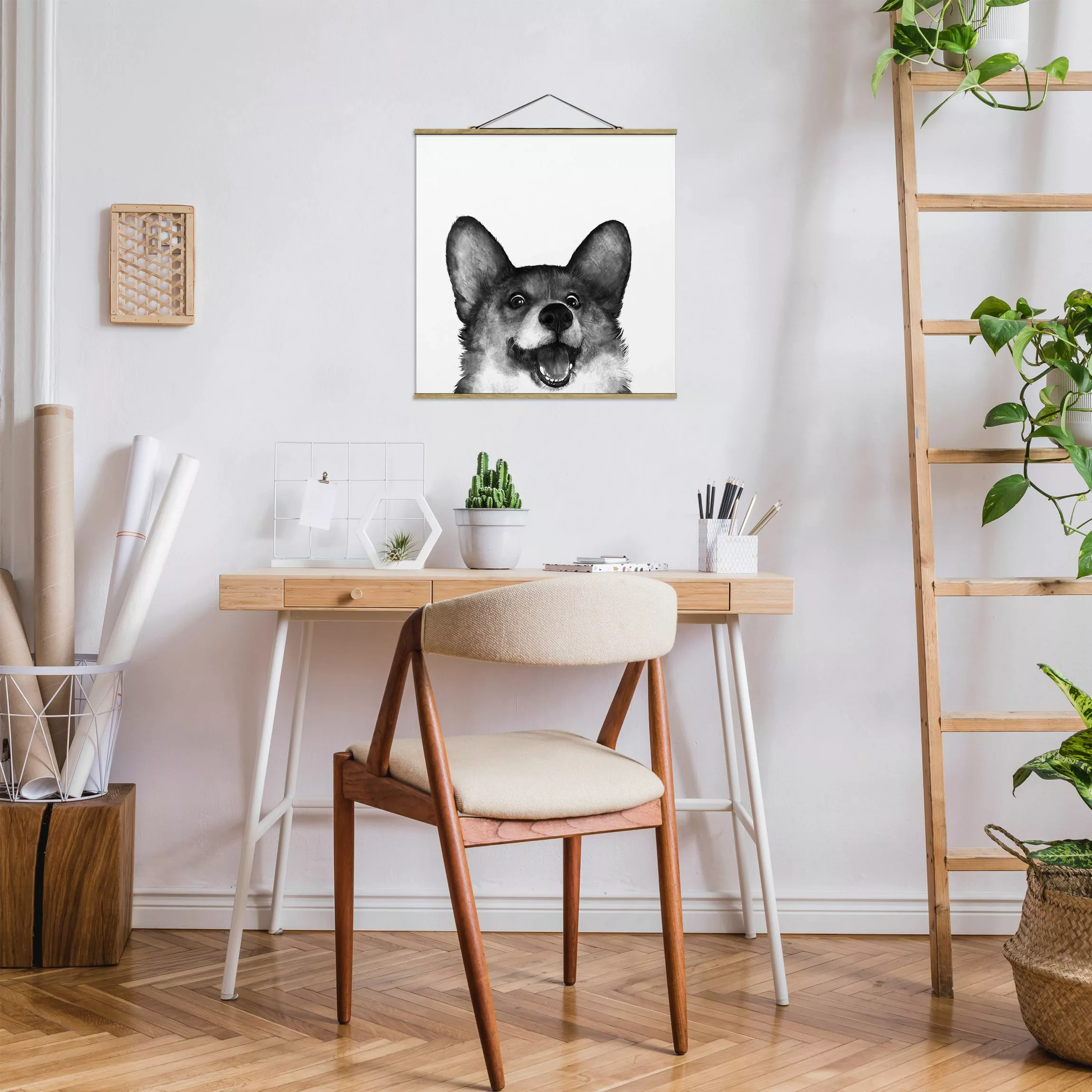 Stoffbild Tiere mit Posterleisten - Quadrat Illustration Hund Corgi Weiß Sc günstig online kaufen
